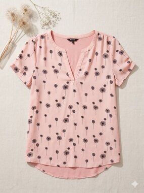 RW&CO. Pink Floral Split V-Neck Blouse